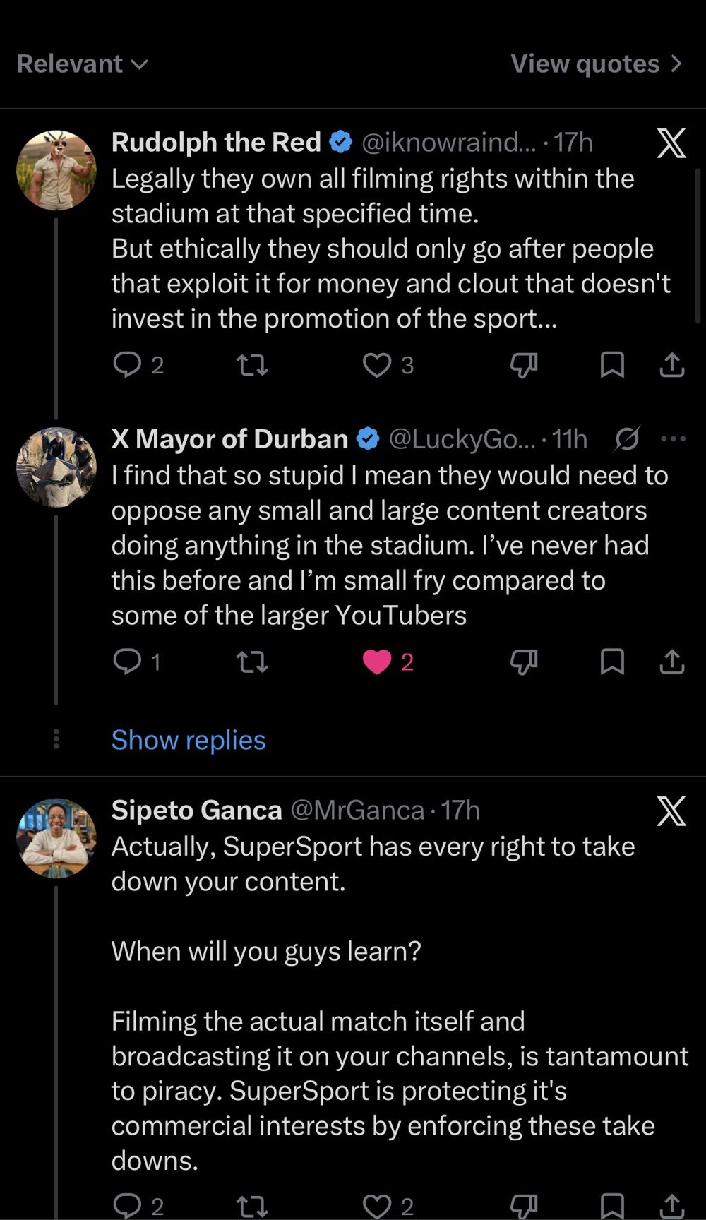 Both benches, one thread — the rights-holder case, and “I’m small fry.” (X replies)
