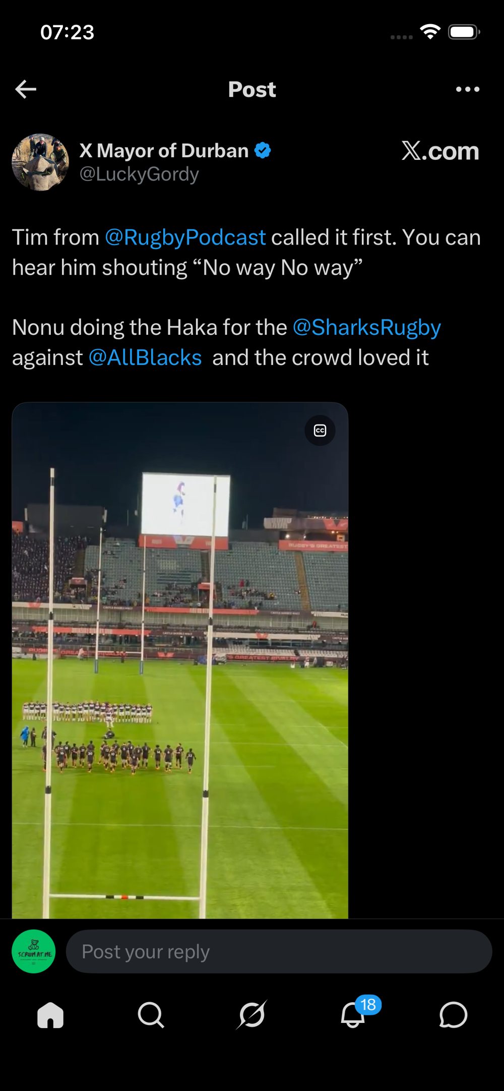 The moment itself — Nonu leading a haka for the Sharks, filmed from the stands on a phone. (via @LuckyGordy on X)